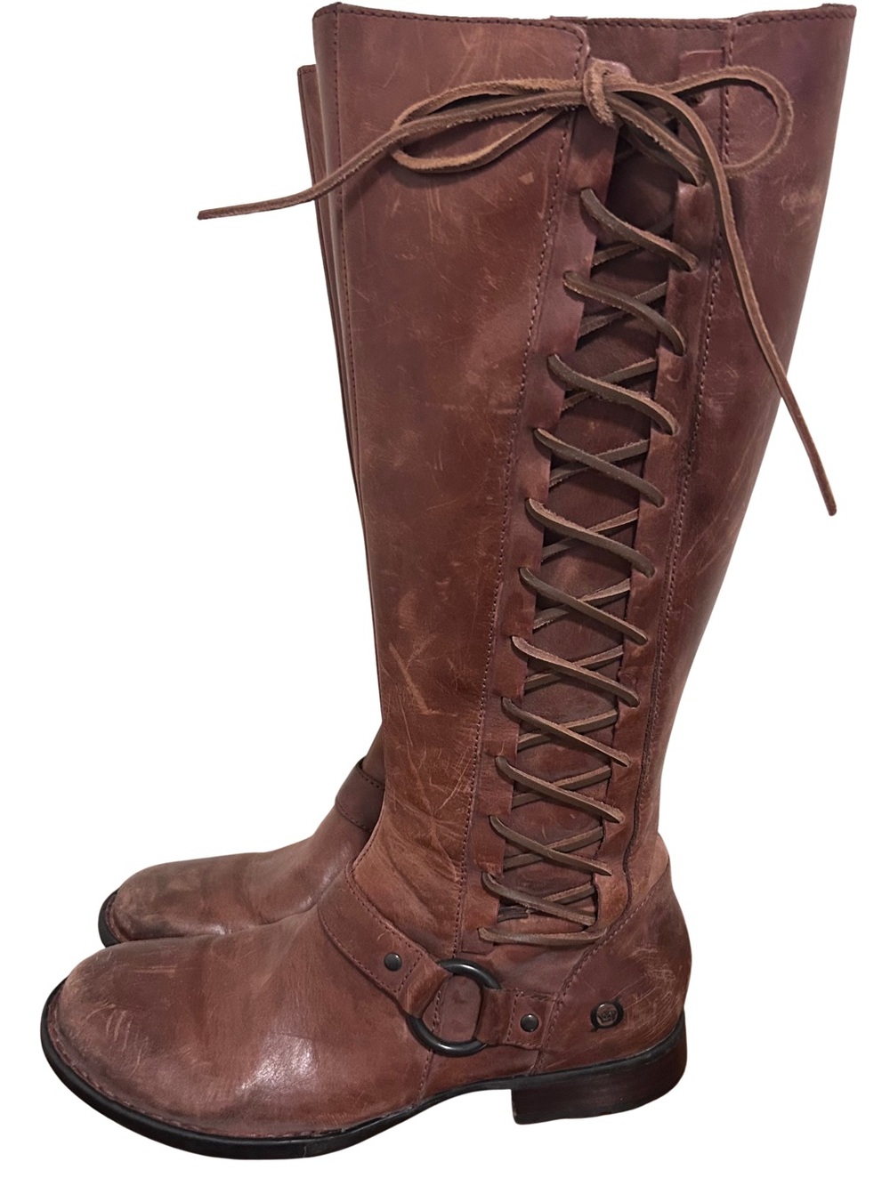 Born Brown Leather Tall Buckle Harness Lace Up Riding Womens Boots Size 7.5